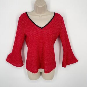 A. Byer VINTAGE Red Bell Sleeve Top S Sparkle Metallic Thread V-Neck Neck Sash